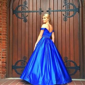 Sherri Hill Royal Blue Off-Shoulder Prom Dress